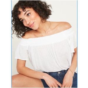 Off-Shoulder Peasant Top/Shirt/Blouse White Smocked Crepe Pattern Dot Bohemian